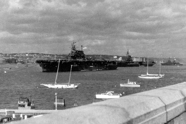 The U.S. Navy aircraft carriers USS ''Enterprise'' (CV-6) and USS ''Midway'' (CVB-41) at anchor.